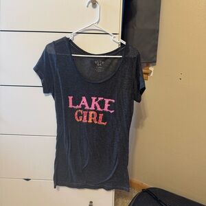 Blue 84 Women's Scoop Neck Tee - Charcoal with Pink Graphic